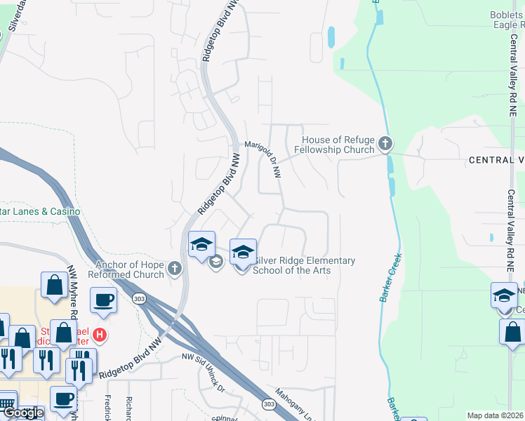 map of restaurants, bars, coffee shops, grocery stores, and more near 10906 Durham Place Northwest in Silverdale