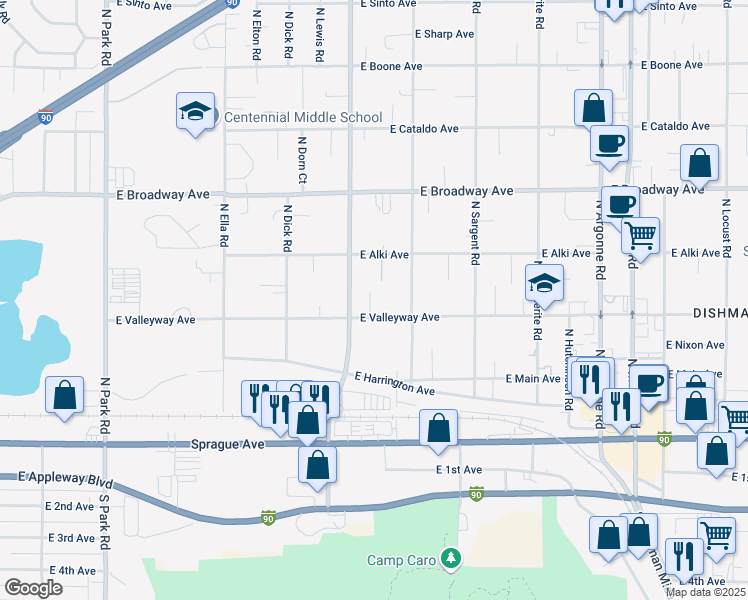 map of restaurants, bars, coffee shops, grocery stores, and more near 412 North Mesa Lane in Spokane Valley
