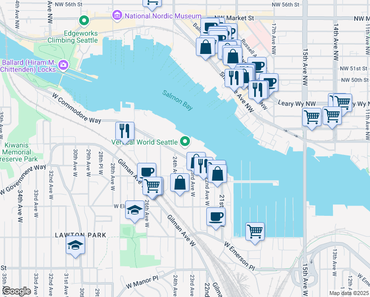 map of restaurants, bars, coffee shops, grocery stores, and more near 2330 West Commodore Way in Seattle