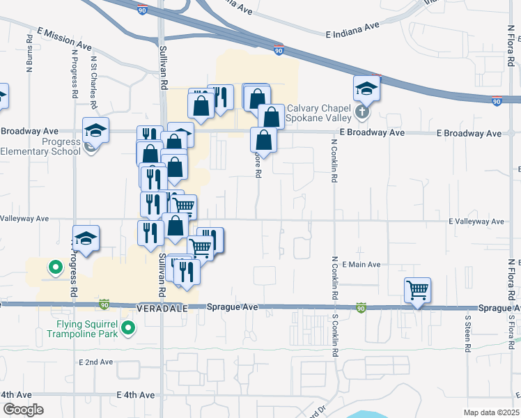 map of restaurants, bars, coffee shops, grocery stores, and more near 410 North Moore Road in Spokane Valley