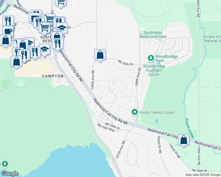 map of restaurants, bars, coffee shops, grocery stores, and more near F1044 Northeast 59th Court in Redmond