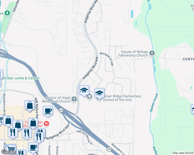 map of restaurants, bars, coffee shops, grocery stores, and more near 1375 Northwest Derryfield Drive in Silverdale