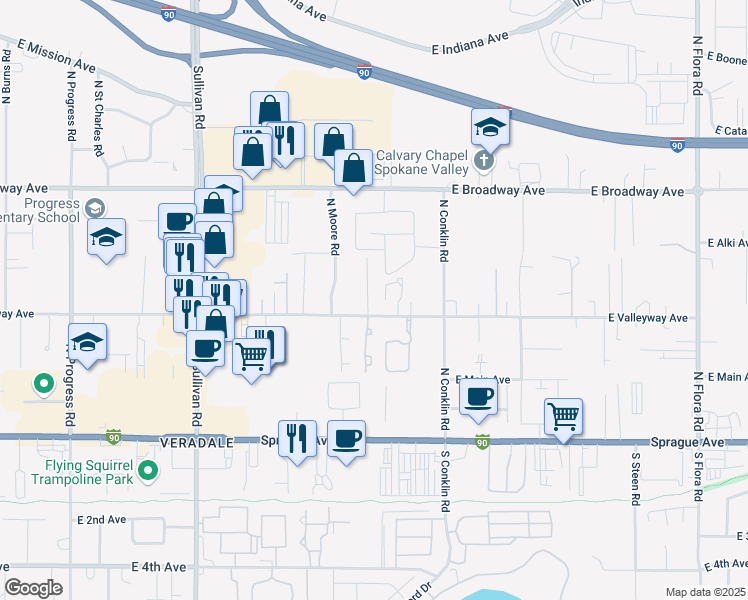 map of restaurants, bars, coffee shops, grocery stores, and more near 412 Sonora Lane in Spokane Valley