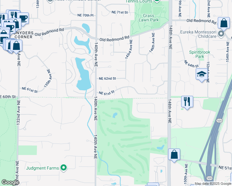 map of restaurants, bars, coffee shops, grocery stores, and more near 14125 Northeast 61st Street in Redmond