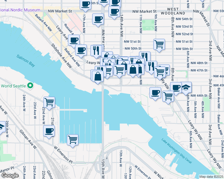map of restaurants, bars, coffee shops, grocery stores, and more near 4455 Shilshole Avenue Northwest in Seattle