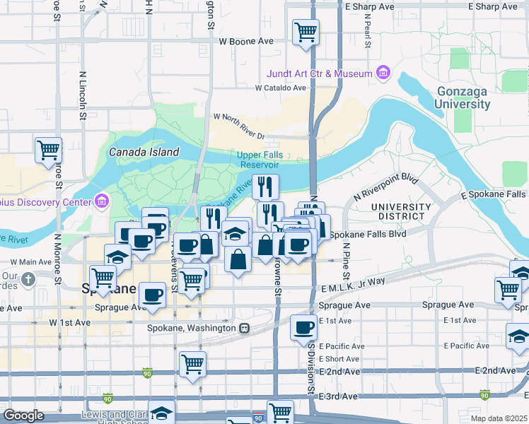 map of restaurants, bars, coffee shops, grocery stores, and more near 322 North Spokane Falls Court in Spokane