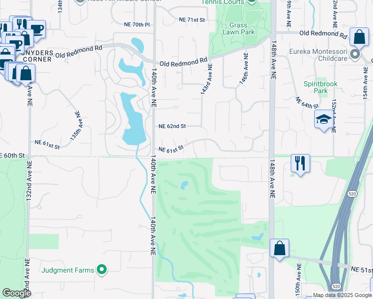 map of restaurants, bars, coffee shops, grocery stores, and more near 14125 Northeast 61st Street in Redmond