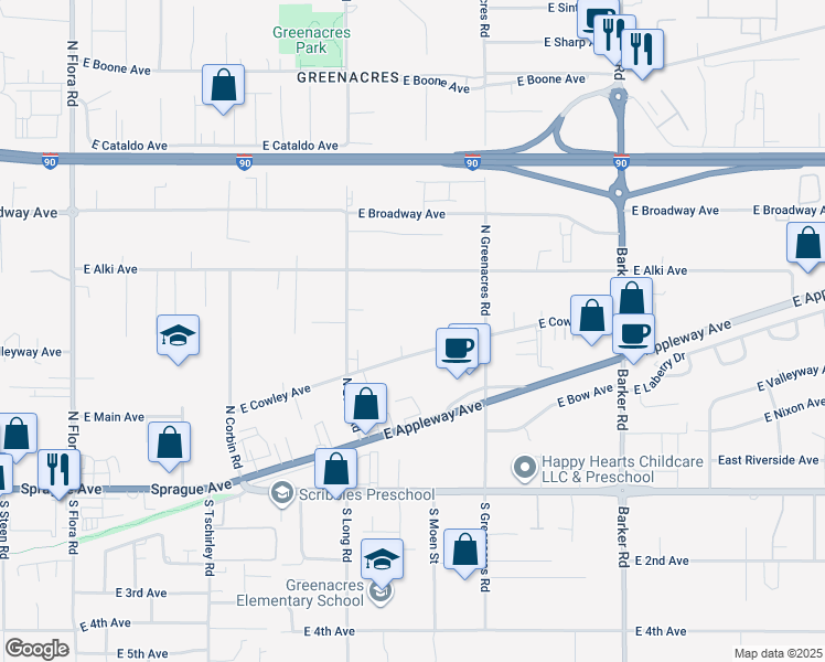 map of restaurants, bars, coffee shops, grocery stores, and more near 18021 East Cowley Avenue in Spokane Valley
