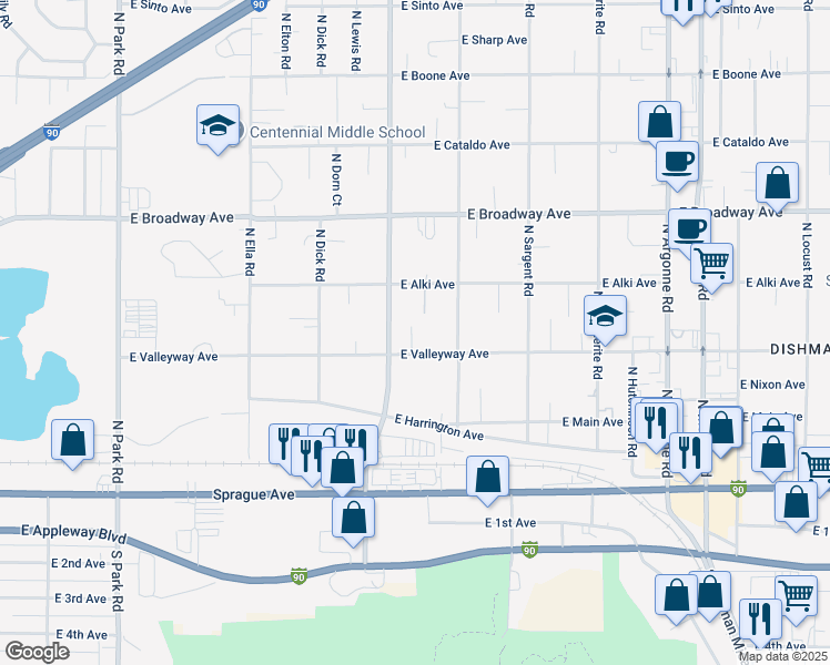 map of restaurants, bars, coffee shops, grocery stores, and more near 412 North Mesa Lane in Spokane Valley