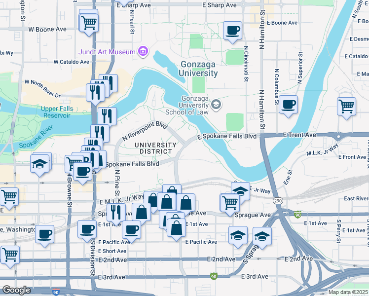map of restaurants, bars, coffee shops, grocery stores, and more near in Spokane