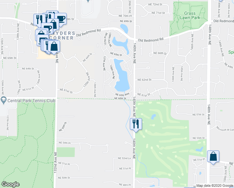 map of restaurants, bars, coffee shops, grocery stores, and more near 13838 Northeast 60th Street in Redmond