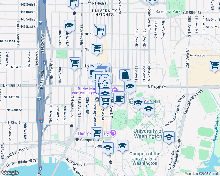 map of restaurants, bars, coffee shops, grocery stores, and more near 4300 15th Avenue Northeast in Seattle