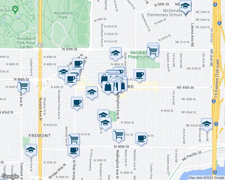 map of restaurants, bars, coffee shops, grocery stores, and more near in Seattle