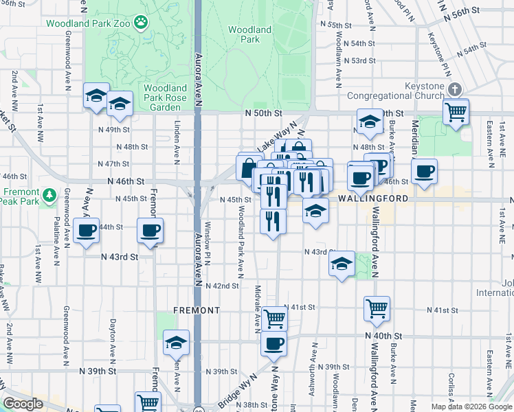 map of restaurants, bars, coffee shops, grocery stores, and more near 1218 North Allen Place in Seattle