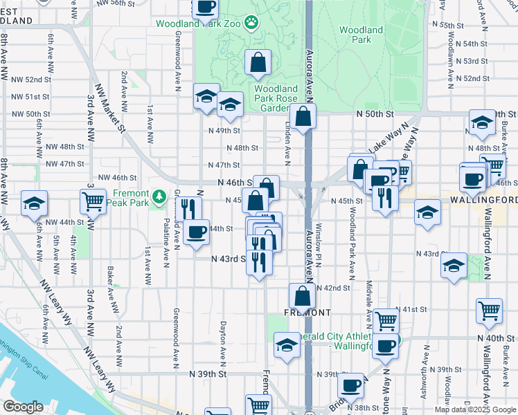 map of restaurants, bars, coffee shops, grocery stores, and more near 4425 Fremont Avenue North in Seattle