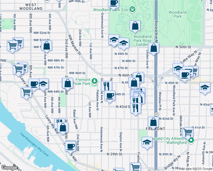 map of restaurants, bars, coffee shops, grocery stores, and more near 4420 Greenwood Avenue North in Seattle