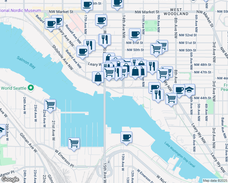 map of restaurants, bars, coffee shops, grocery stores, and more near 4425 Shilshole Ave NW in Seattle