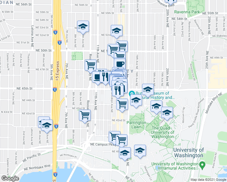 map of restaurants, bars, coffee shops, grocery stores, and more near 4344 Brooklyn Avenue Northeast in Seattle