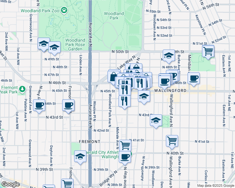 map of restaurants, bars, coffee shops, grocery stores, and more near 1218 North Allen Place in Seattle