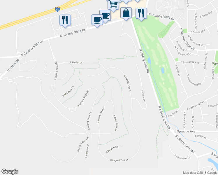 map of restaurants, bars, coffee shops, grocery stores, and more near 451 North Chief Garry Drive in Liberty Lake