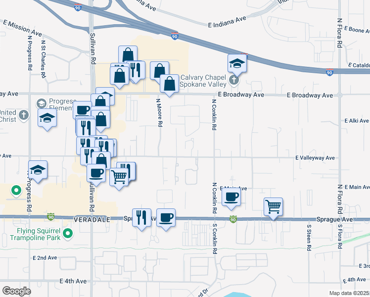 map of restaurants, bars, coffee shops, grocery stores, and more near 412 Sonora Lane in Spokane Valley