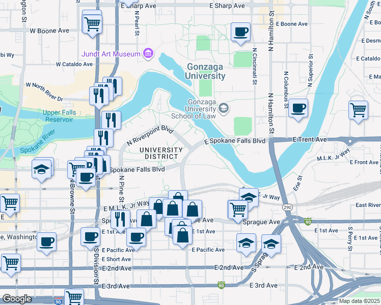 map of restaurants, bars, coffee shops, grocery stores, and more near East Spokane Falls Boulevard in Spokane