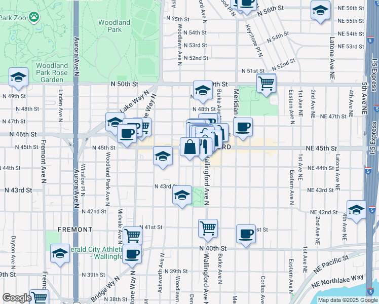 map of restaurants, bars, coffee shops, grocery stores, and more near 1629 North 45th Street in Seattle