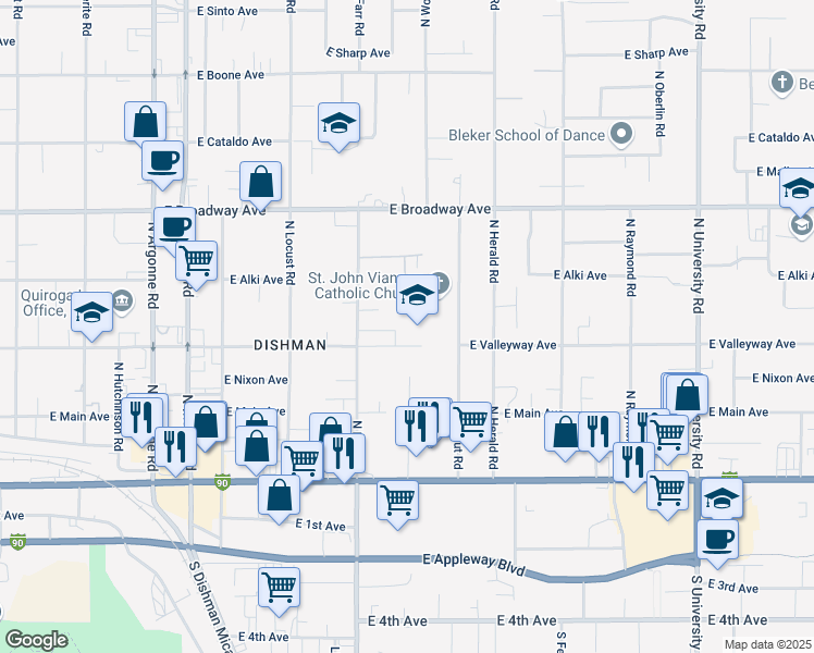map of restaurants, bars, coffee shops, grocery stores, and more near 416 North Farr Road in Spokane Valley