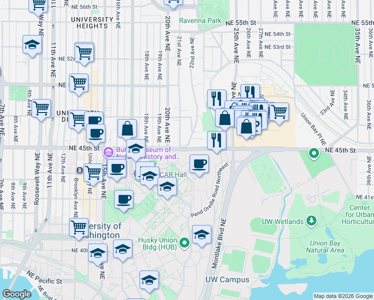 map of restaurants, bars, coffee shops, grocery stores, and more near 2201 Northeast 45th Street in Seattle