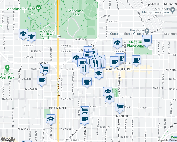 map of restaurants, bars, coffee shops, grocery stores, and more near 4468 Stone Way North in Seattle