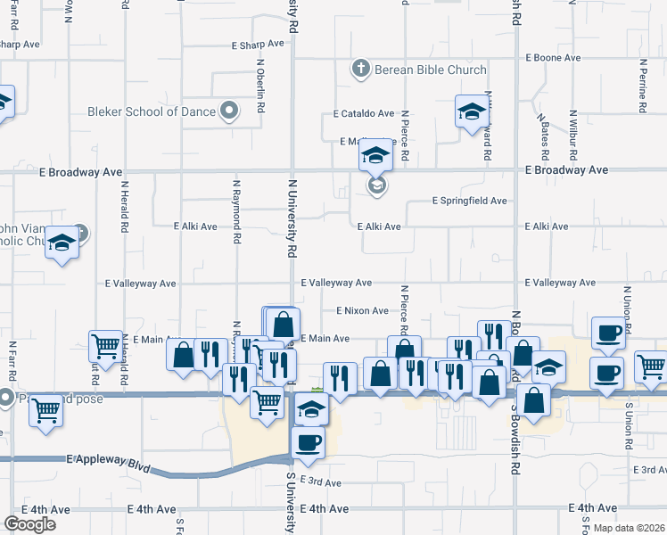 map of restaurants, bars, coffee shops, grocery stores, and more near 10811 East Valleyway Avenue in Spokane Valley
