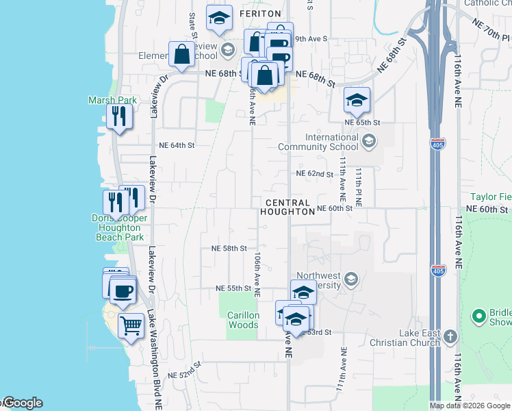 map of restaurants, bars, coffee shops, grocery stores, and more near 5915 106th Avenue Northeast in Kirkland