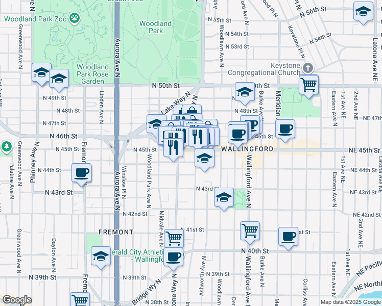 map of restaurants, bars, coffee shops, grocery stores, and more near in Seattle