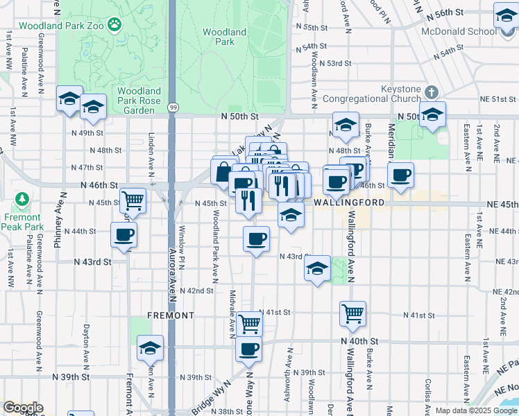 map of restaurants, bars, coffee shops, grocery stores, and more near in Seattle