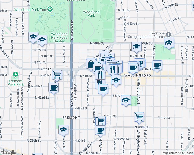 map of restaurants, bars, coffee shops, grocery stores, and more near 1218 North Allen Place in Seattle