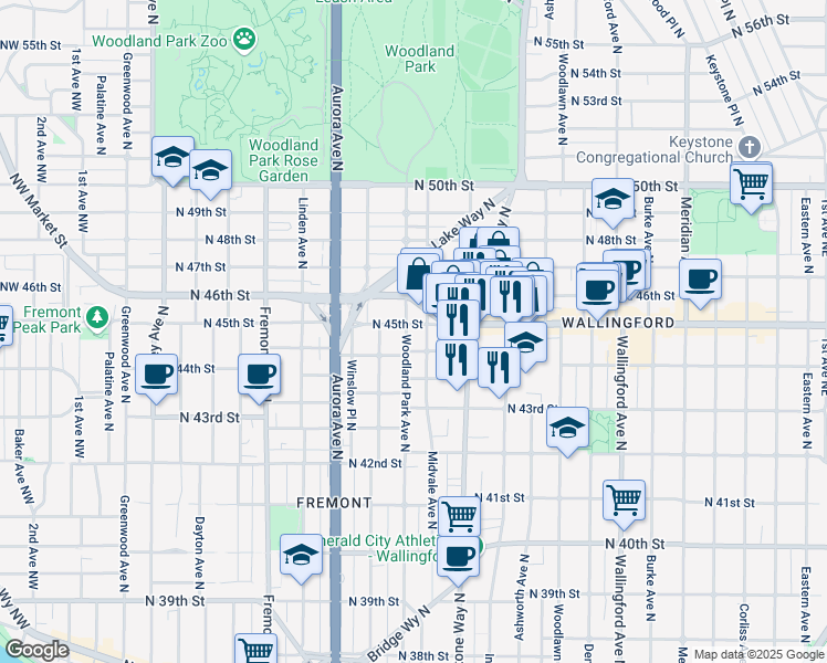 map of restaurants, bars, coffee shops, grocery stores, and more near 4454 Woodland Park Avenue North in Seattle