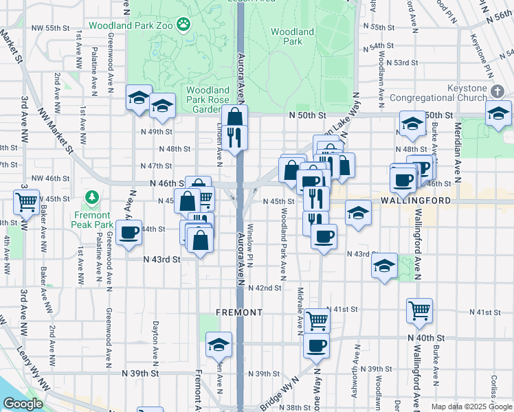 map of restaurants, bars, coffee shops, grocery stores, and more near 4463 Whitman Avenue North in Seattle