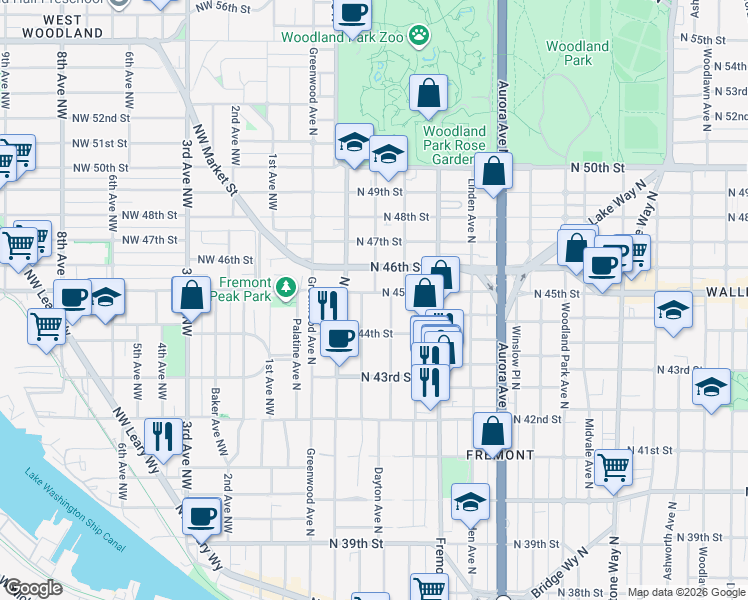 map of restaurants, bars, coffee shops, grocery stores, and more near in Seattle