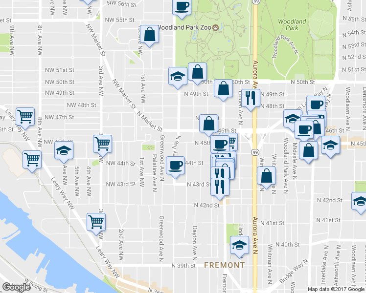 map of restaurants, bars, coffee shops, grocery stores, and more near in Seattle