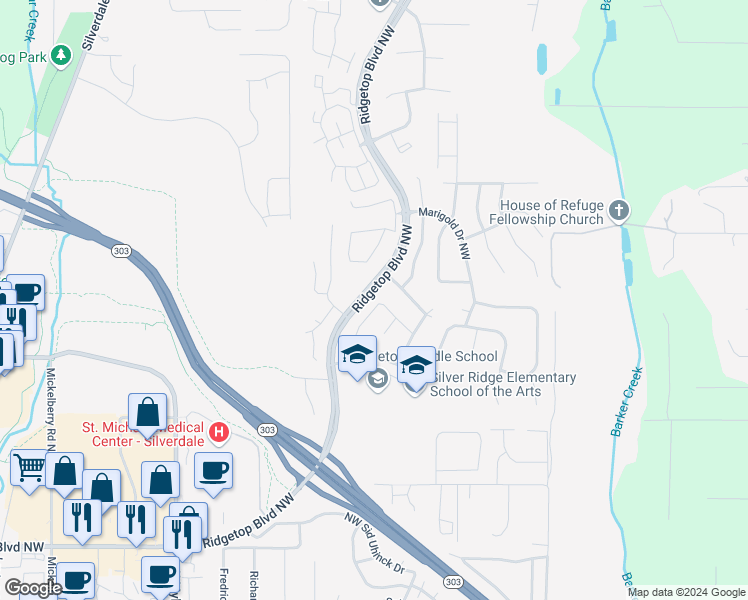 map of restaurants, bars, coffee shops, grocery stores, and more near 1364 Bartlett Court in Silverdale