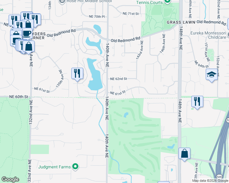 map of restaurants, bars, coffee shops, grocery stores, and more near 6102 140th Court Northeast in Redmond