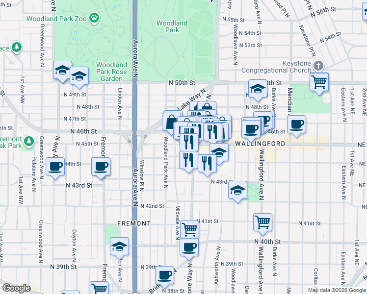 map of restaurants, bars, coffee shops, grocery stores, and more near 1215 North 45th Street in Seattle