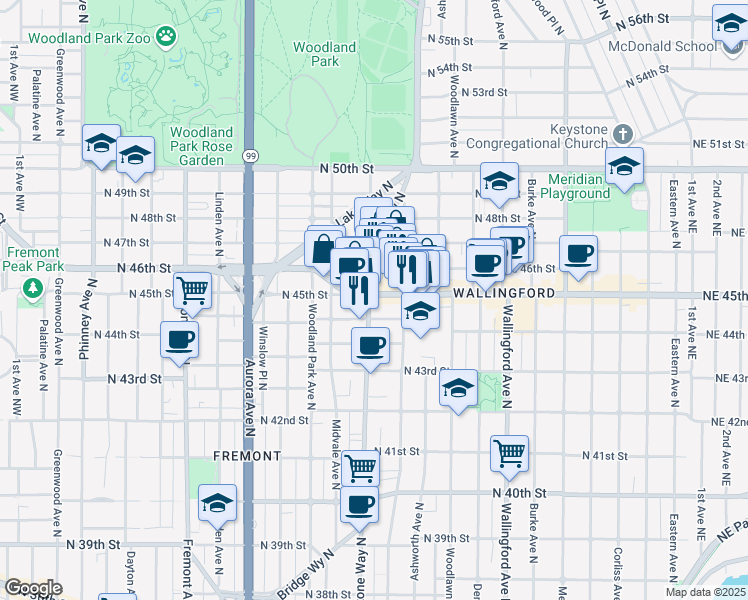 map of restaurants, bars, coffee shops, grocery stores, and more near 4468 Stone Way North in Seattle
