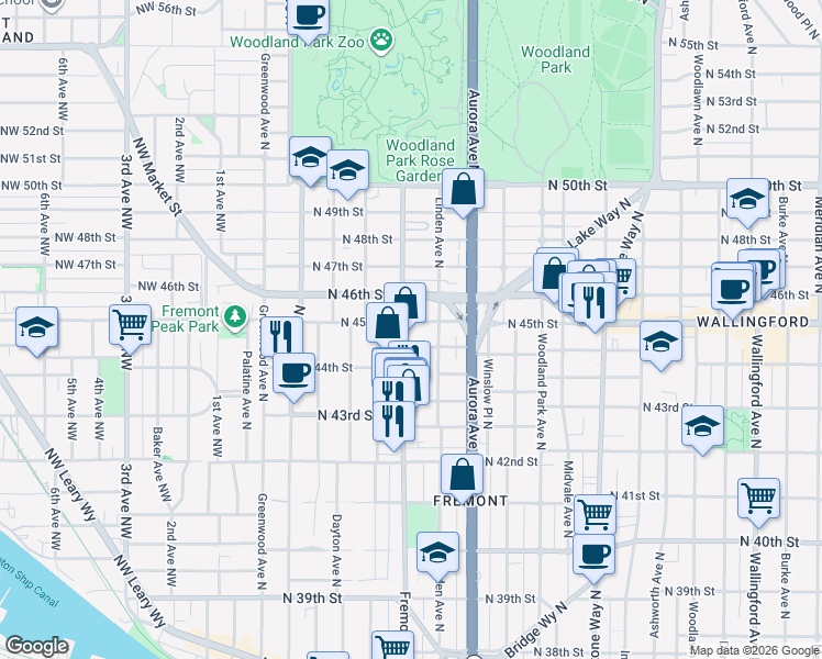 map of restaurants, bars, coffee shops, grocery stores, and more near 4464 Fremont Avenue North in Seattle