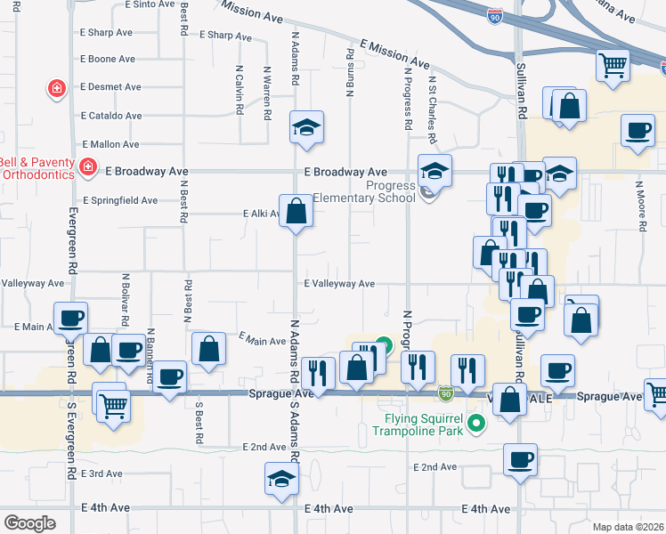 map of restaurants, bars, coffee shops, grocery stores, and more near 14807 East Valleyway Avenue in Spokane Valley