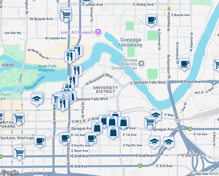 map of restaurants, bars, coffee shops, grocery stores, and more near 412 East Spokane Falls Boulevard in Spokane