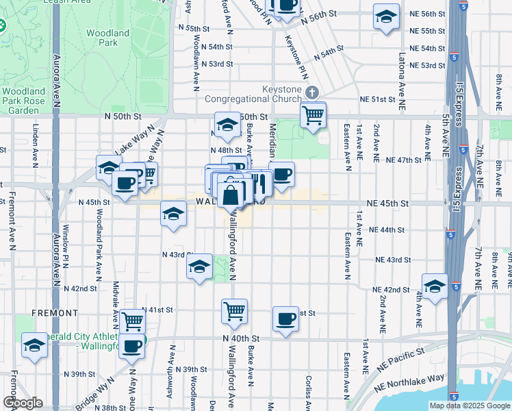 map of restaurants, bars, coffee shops, grocery stores, and more near 1815 North 45th Street in Seattle
