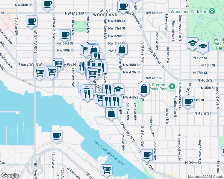 map of restaurants, bars, coffee shops, grocery stores, and more near 632 Northwest 44th Street in Seattle