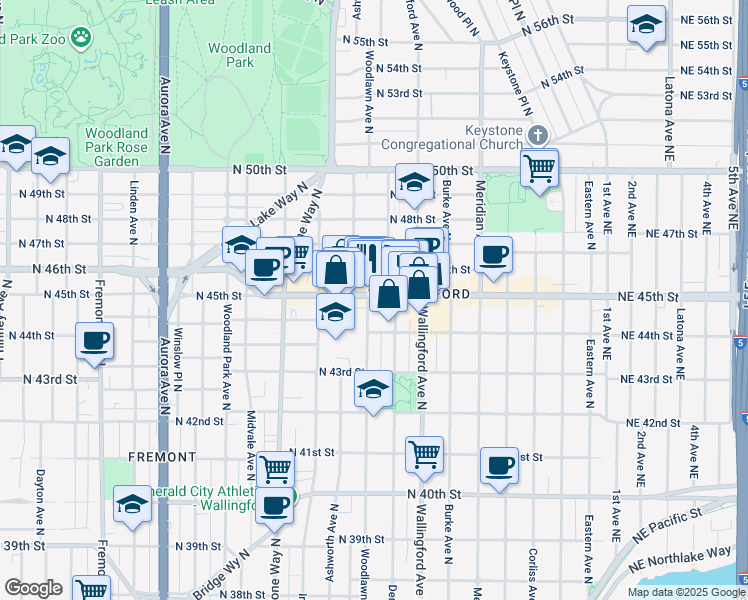 map of restaurants, bars, coffee shops, grocery stores, and more near 4426 Woodlawn Avenue North in Seattle