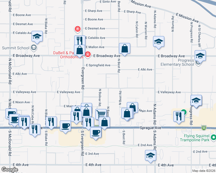map of restaurants, bars, coffee shops, grocery stores, and more near 14114 East Valleyway Avenue in Spokane Valley